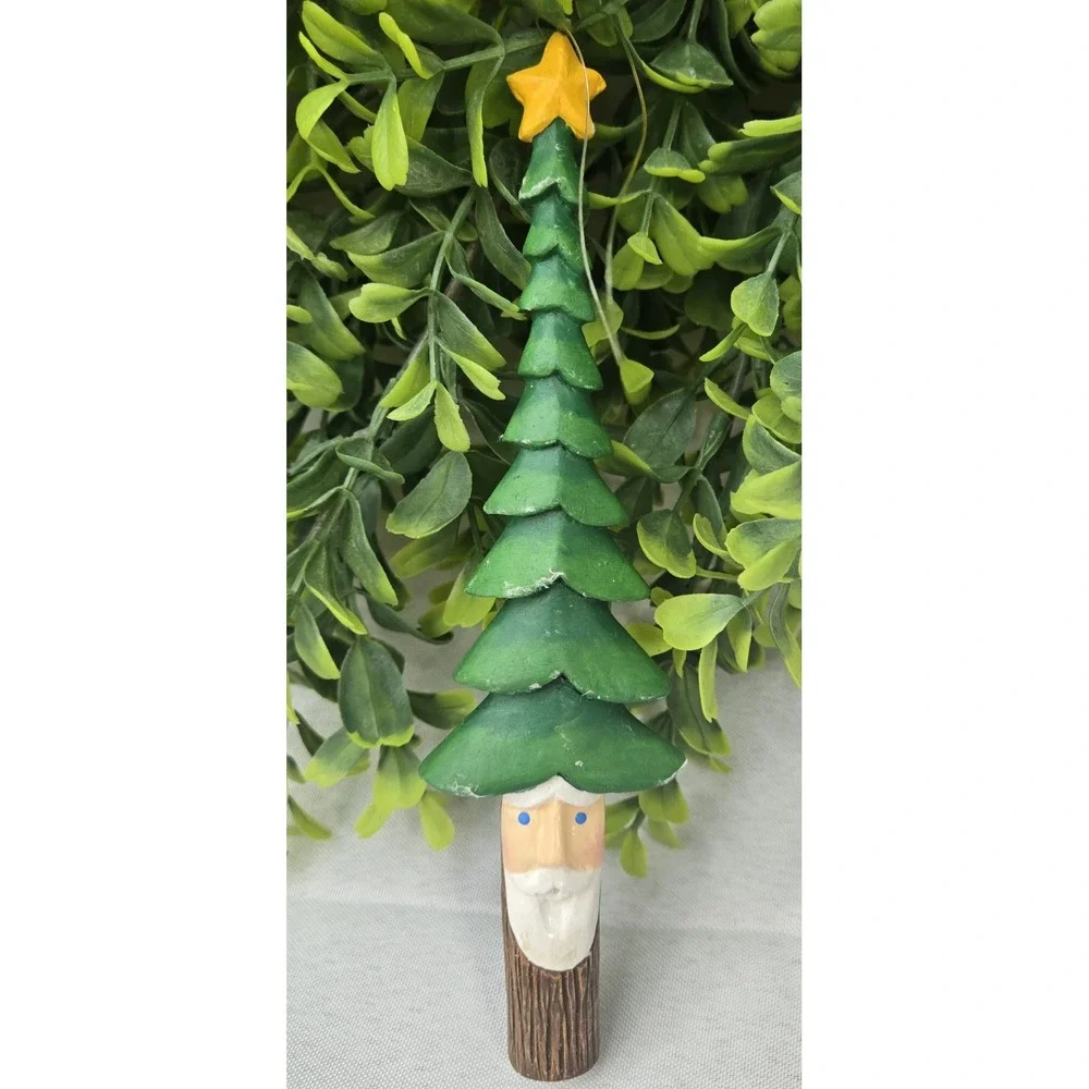 Lot of 2 Handmade Hand Painted Wood Santa Claus Decorations Christmas Tree